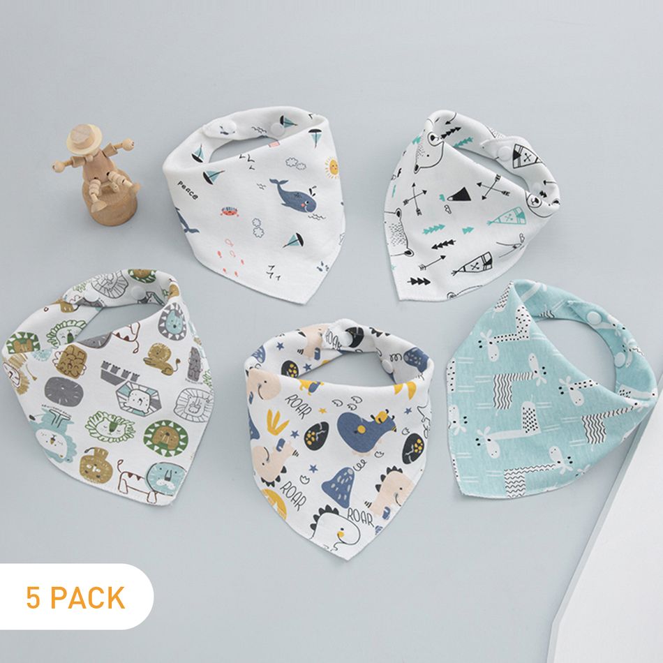 5-pack 100% Cotton Snap Button Baby Bibs Toddler Triangle Scarf Bibs for Feeding & Drooling & Teething Multi-color