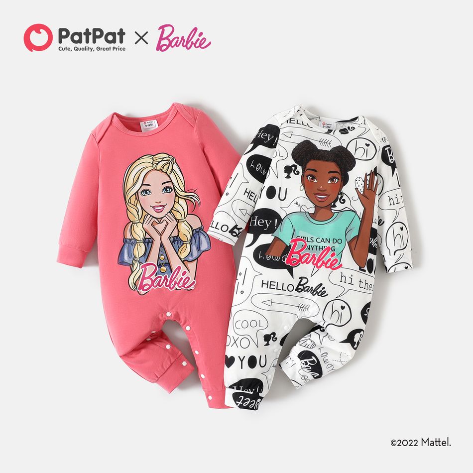 Barbie Baby Girl Figure Print Long-sleeve Jumpsuit White big image 2
