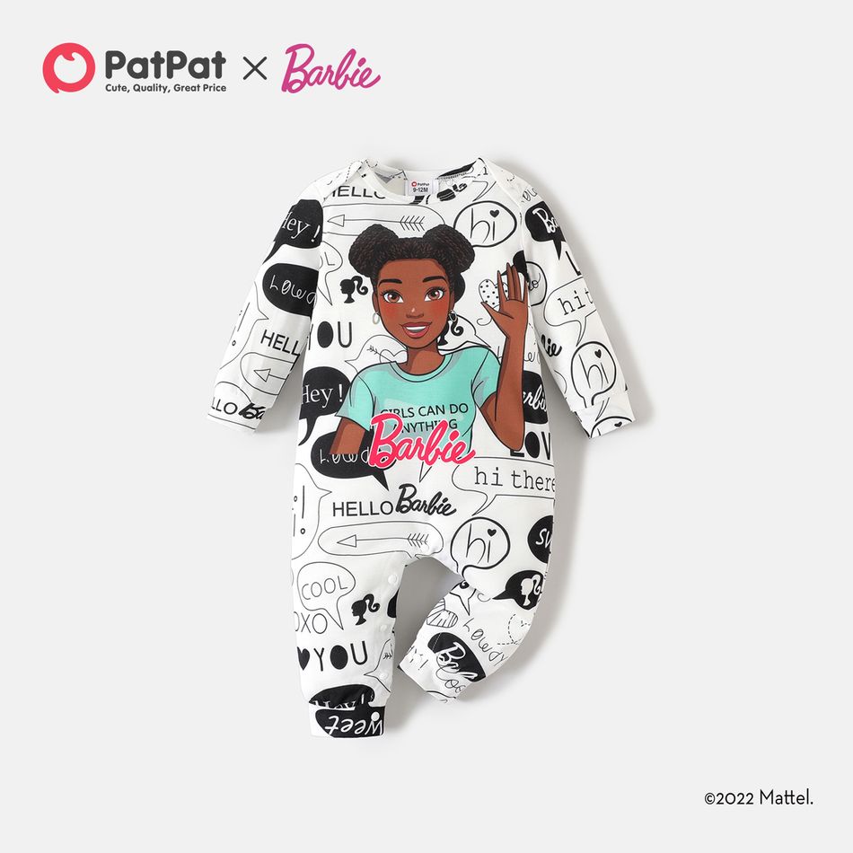 Barbie Baby Girl Figure Print Long-sleeve Jumpsuit White