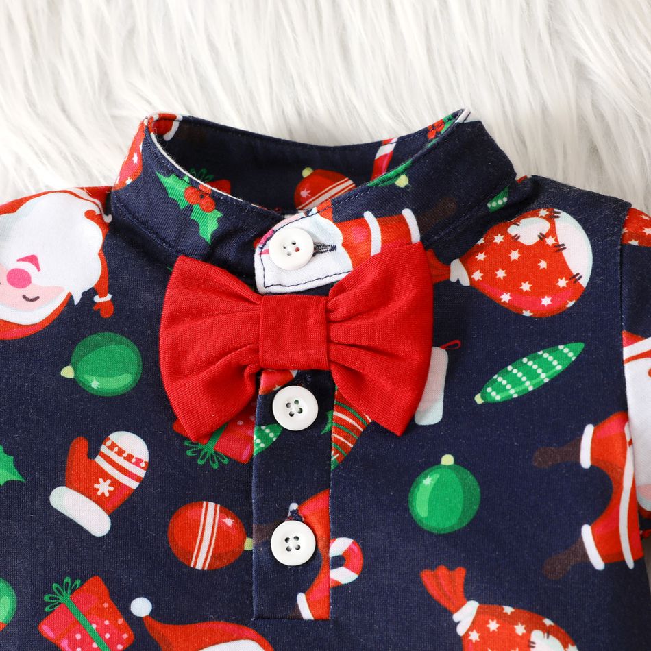 Christmas Baby Boy Allover Santa Print Short-sleeve Bow Tie Romper Deep Blue big image 3