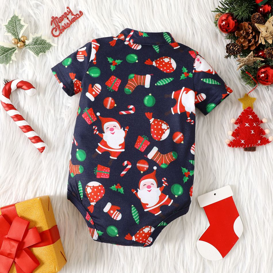 Christmas Baby Boy Allover Santa Print Short-sleeve Bow Tie Romper Deep Blue big image 2