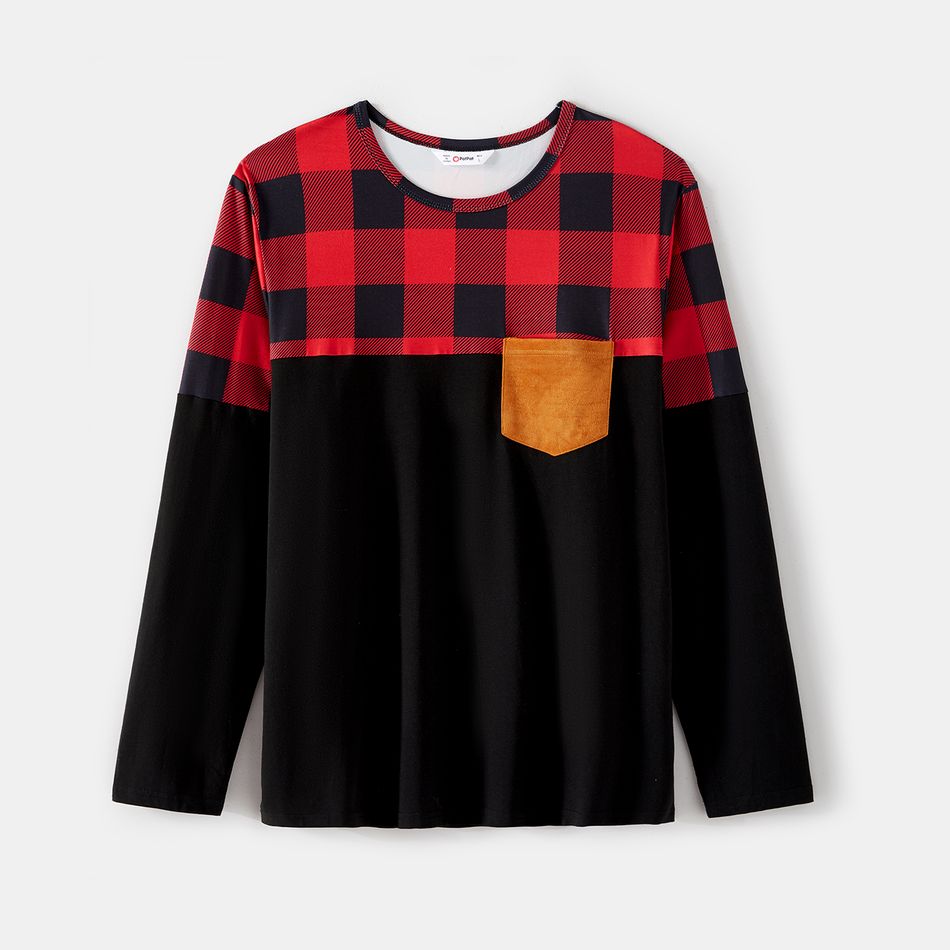 Christmas Family Matching Red Plaid Spliced Long-sleeve T-shirts and Dresses Sets redblack big image 7
