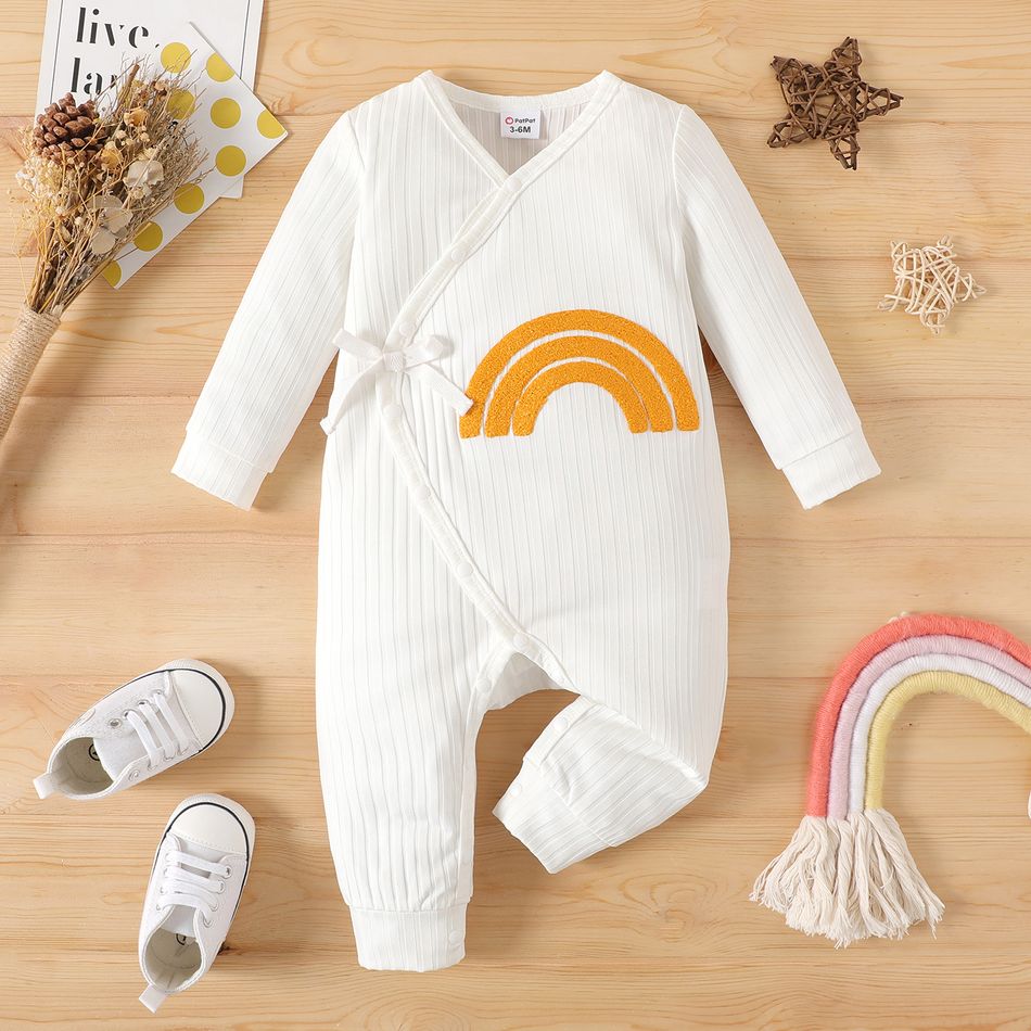 Baby Boy/Girl Rainbow Embroidered Ribbed Long-sleeve Button Jumpsuit White