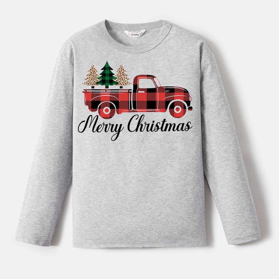 Go-Neat Water Repellent and Stain Resistant Christmas Family Matching Plaid Truck & Letter Print Long-sleeve Tee Grey big image 4