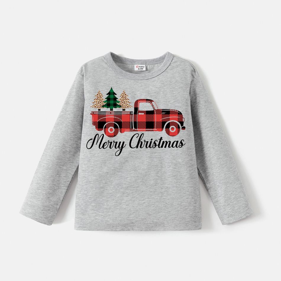 Go-Neat Water Repellent and Stain Resistant Christmas Family Matching Plaid Truck & Letter Print Long-sleeve Tee Grey big image 6