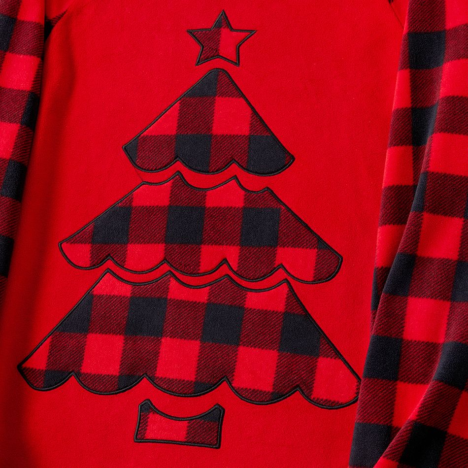 Christmas Family Matching Xmas Tree Embroidered Red Plaid Raglan-sleeve Thickened Polar Fleece Pajamas Sets (Flame Resistant) redblack big image 7