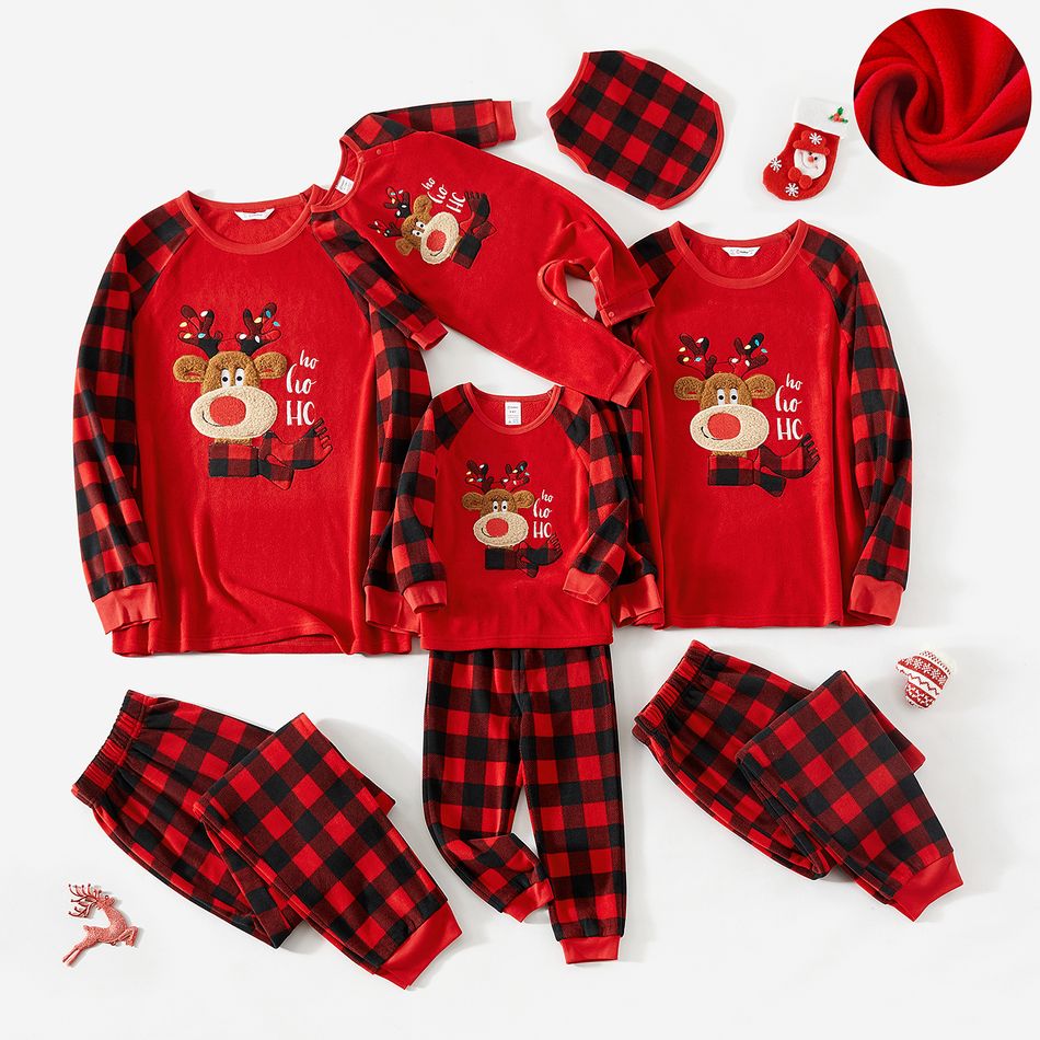 Christmas Family Matching Reindeer Embroidered Red Plaid Raglan-sleeve Thickened Polar Fleece Pajamas Sets (Flame Resistant) redblack big image 5