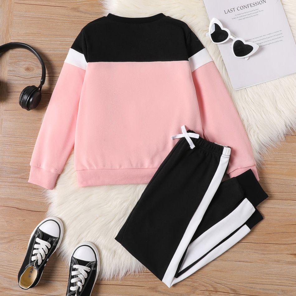 2pcs Kid Girl Colorblock Pullover Sweatshirt and Elasticized Pants Set Pink big image 2