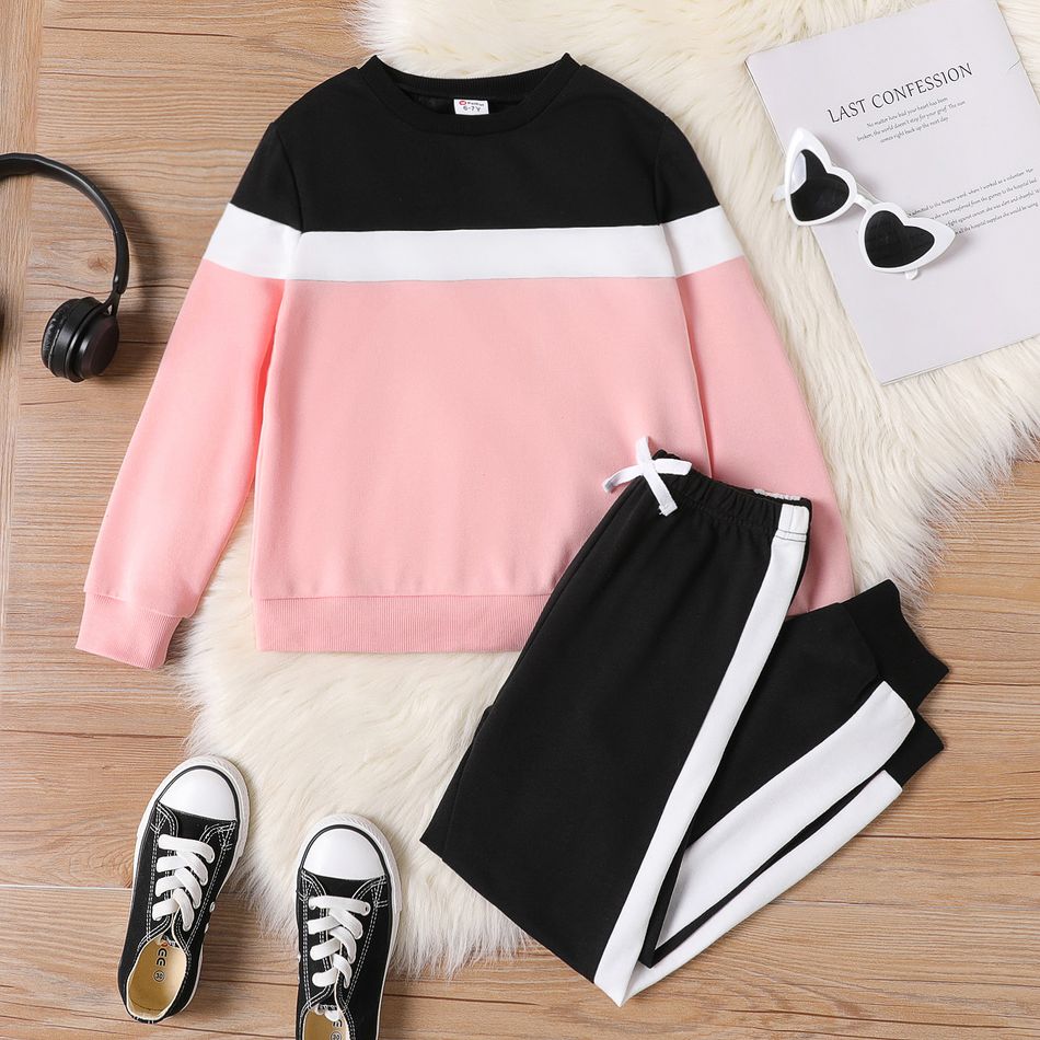 2pcs Kid Girl Colorblock Pullover Sweatshirt and Elasticized Pants Set Pink big image 1