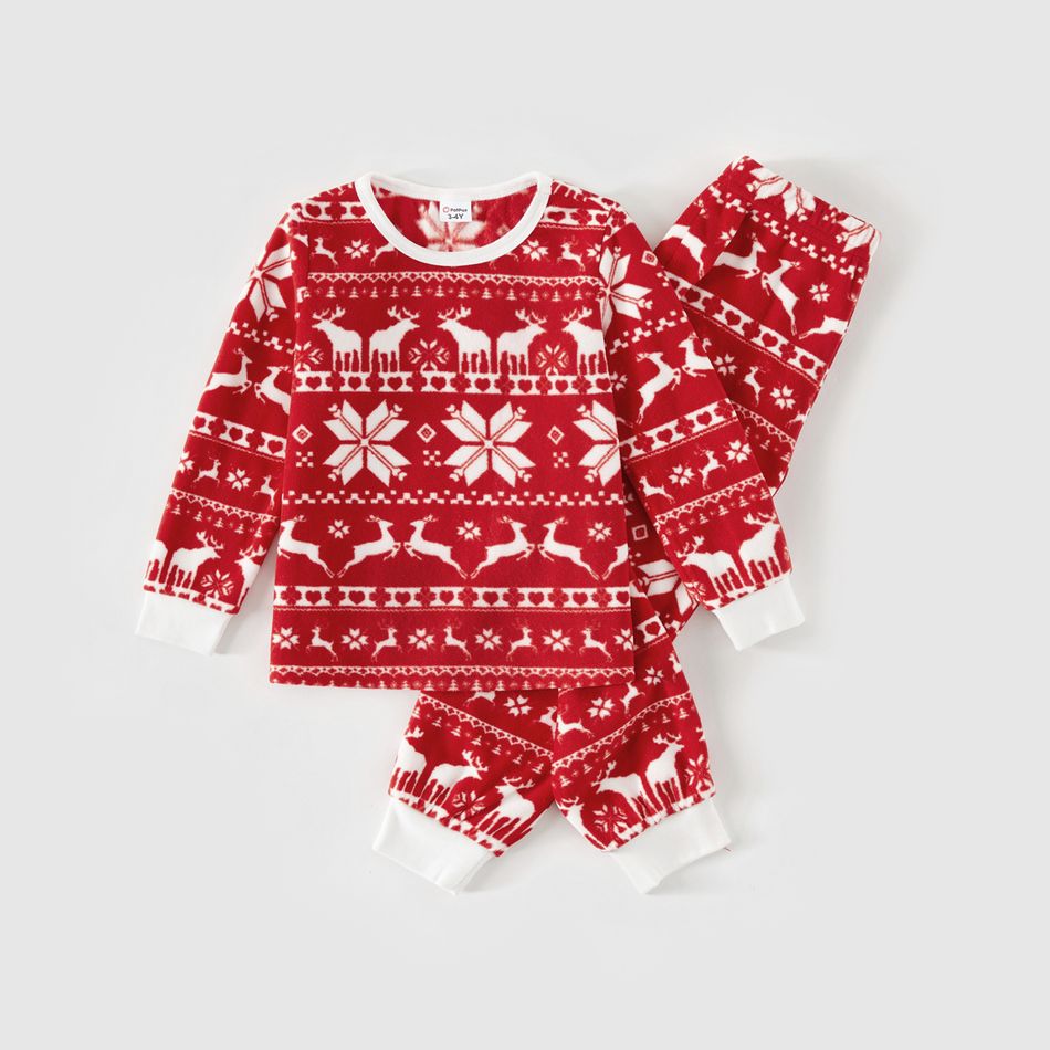 Christmas Family Matching Long-sleeve Allover Deer & Snowflake Print Red Thickened Polar Fleece Pajamas Sets (Flame Resistant) REDWHITE big image 13