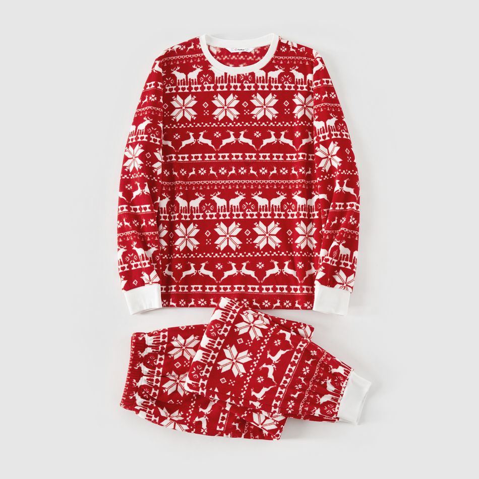 Christmas Family Matching Long-sleeve Allover Deer & Snowflake Print Red Thickened Polar Fleece Pajamas Sets (Flame Resistant) REDWHITE big image 14