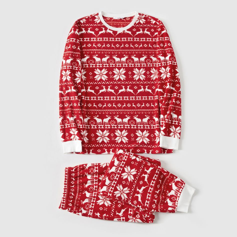 Christmas Family Matching Long-sleeve Allover Deer & Snowflake Print Red Thickened Polar Fleece Pajamas Sets (Flame Resistant) REDWHITE big image 8