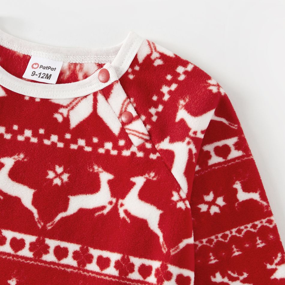 Christmas Family Matching Long-sleeve Allover Deer & Snowflake Print Red Thickened Polar Fleece Pajamas Sets (Flame Resistant) REDWHITE big image 16