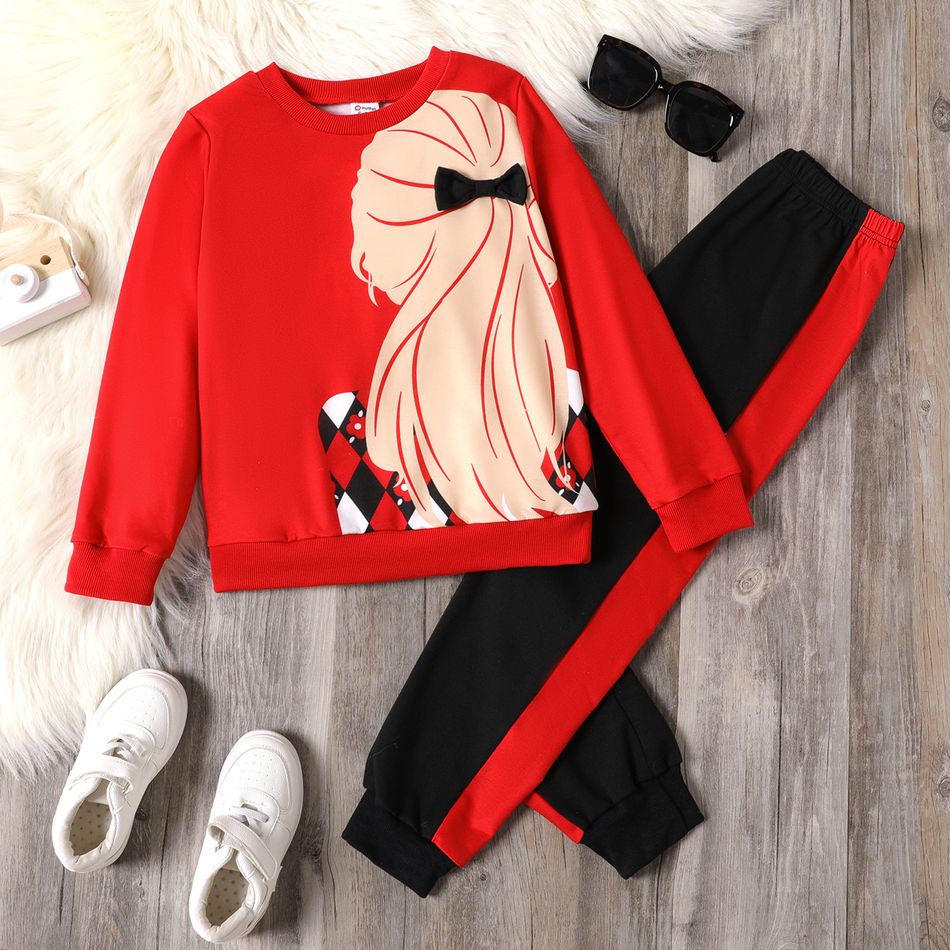 2pcs Kid Girl Character Print Red Sweatshirt and Colorblock Pants Set Red big image 1
