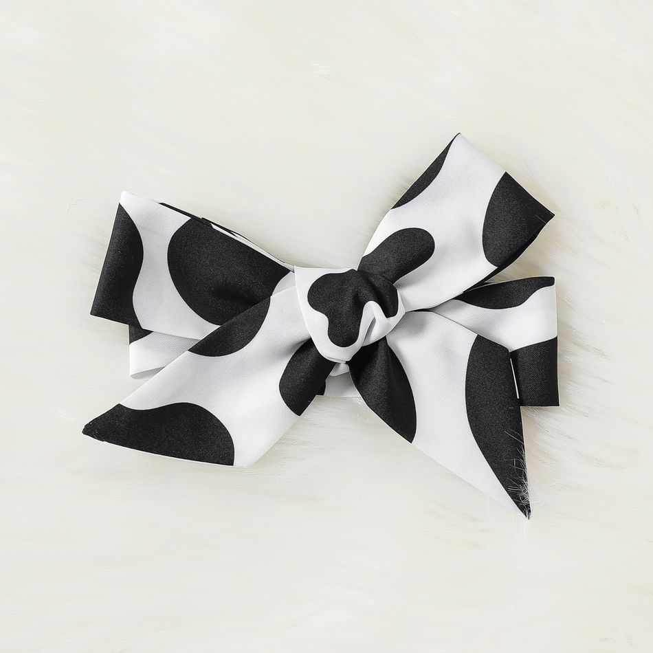2pcs Baby Girl Letter & Cow Print Ruffle Ribbed Long-sleeve Spliced Mesh Dress with Headband Set BlackandWhite big image 5