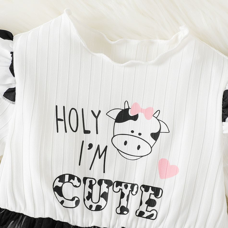 2pcs Baby Girl Letter & Cow Print Ruffle Ribbed Long-sleeve Spliced Mesh Dress with Headband Set BlackandWhite big image 3
