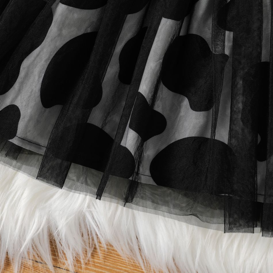 2pcs Baby Girl Letter & Cow Print Ruffle Ribbed Long-sleeve Spliced Mesh Dress with Headband Set BlackandWhite big image 4
