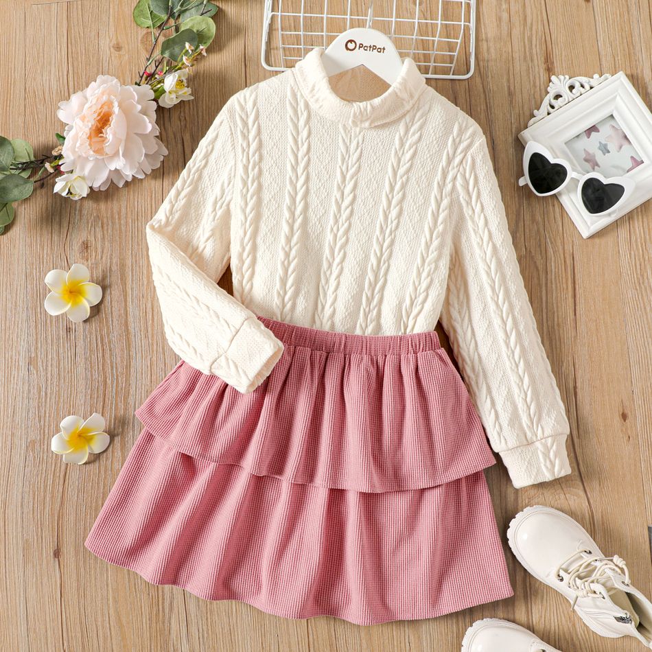2pcs Kid Girl Turtleneck Textured Sweatshirt and Layered Corduroy Skirt Set ColorBlock big image 1