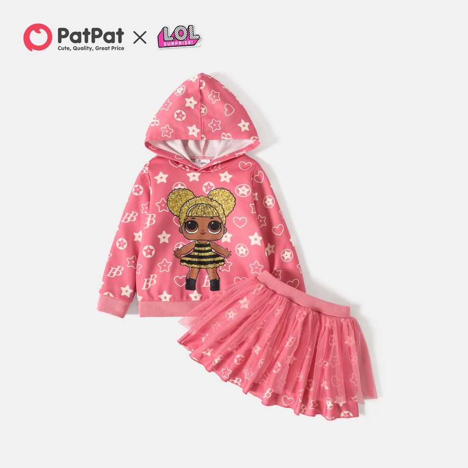L.O.L. SURPRISE! 2pcs Toddler Girl Heart Star Print Hoodie Sweatshirt and Mesh Splice Skirt Set Pink
