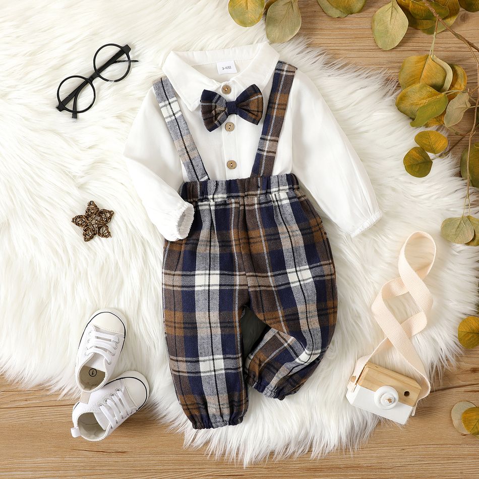 2pcs Baby Boy Gentleman Bow Tie Decor Long-sleeve Button Up Shirt and Plaid Suspender Pants Set White
