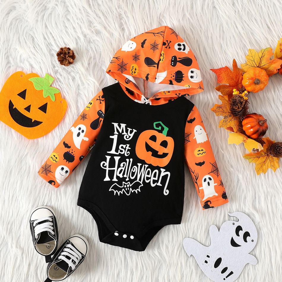 Halloween Baby Boy Pumpkin & Letter Print Colorblock Long-sleeve Hooded Romper Black