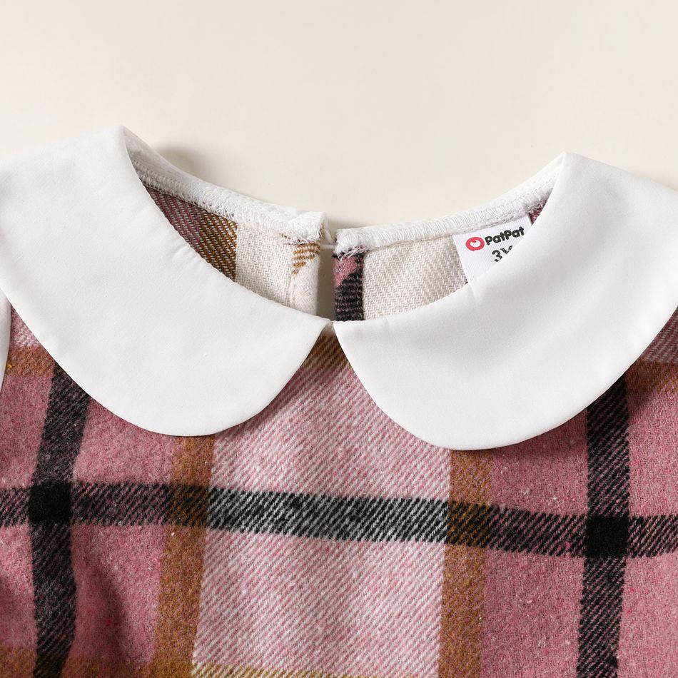 Toddler Girl Doll Collar Plaid Bowknot Design Long-sleeve Dress Pink big image 3