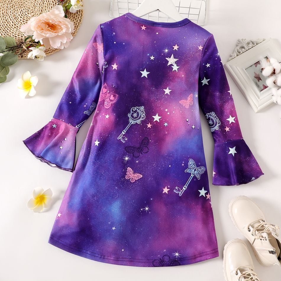 Kid Girl Unicorn Print Long Bell sleeves Dress Purple big image 5