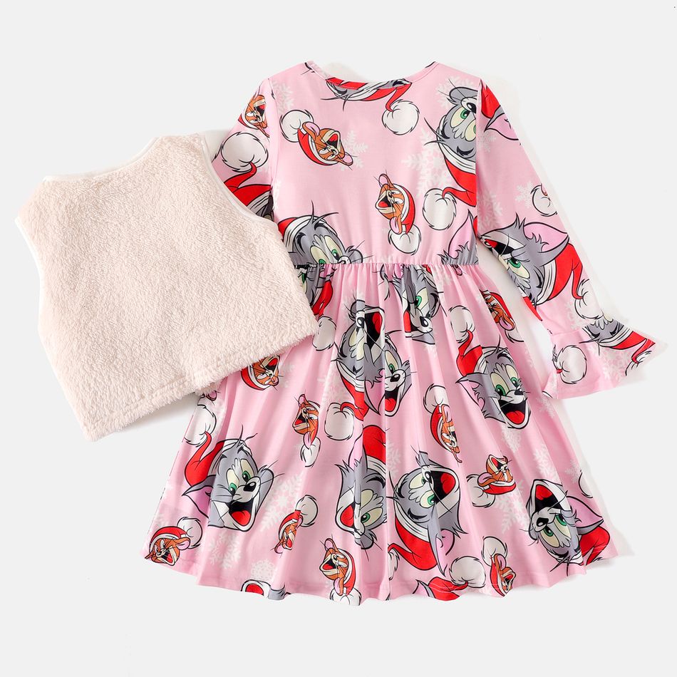 Tom and Jerry 2pcs Kid Girl Allover Print Bell sleeves Dress and Fleece Vest Set Pink big image 2