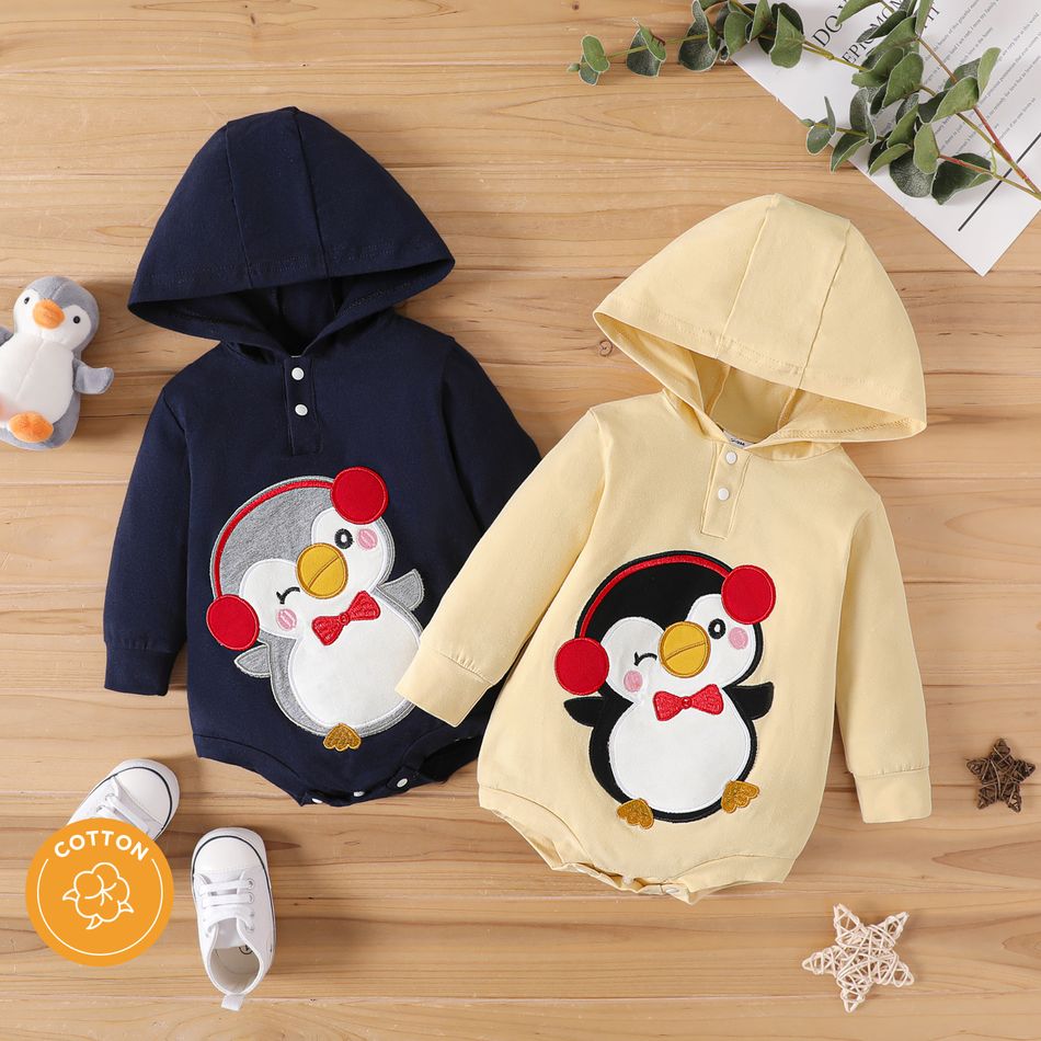 Baby Boy/Girl 95% Cotton Long-sleeve  Hooded Penguin Embroidered Romper Apricot big image 2