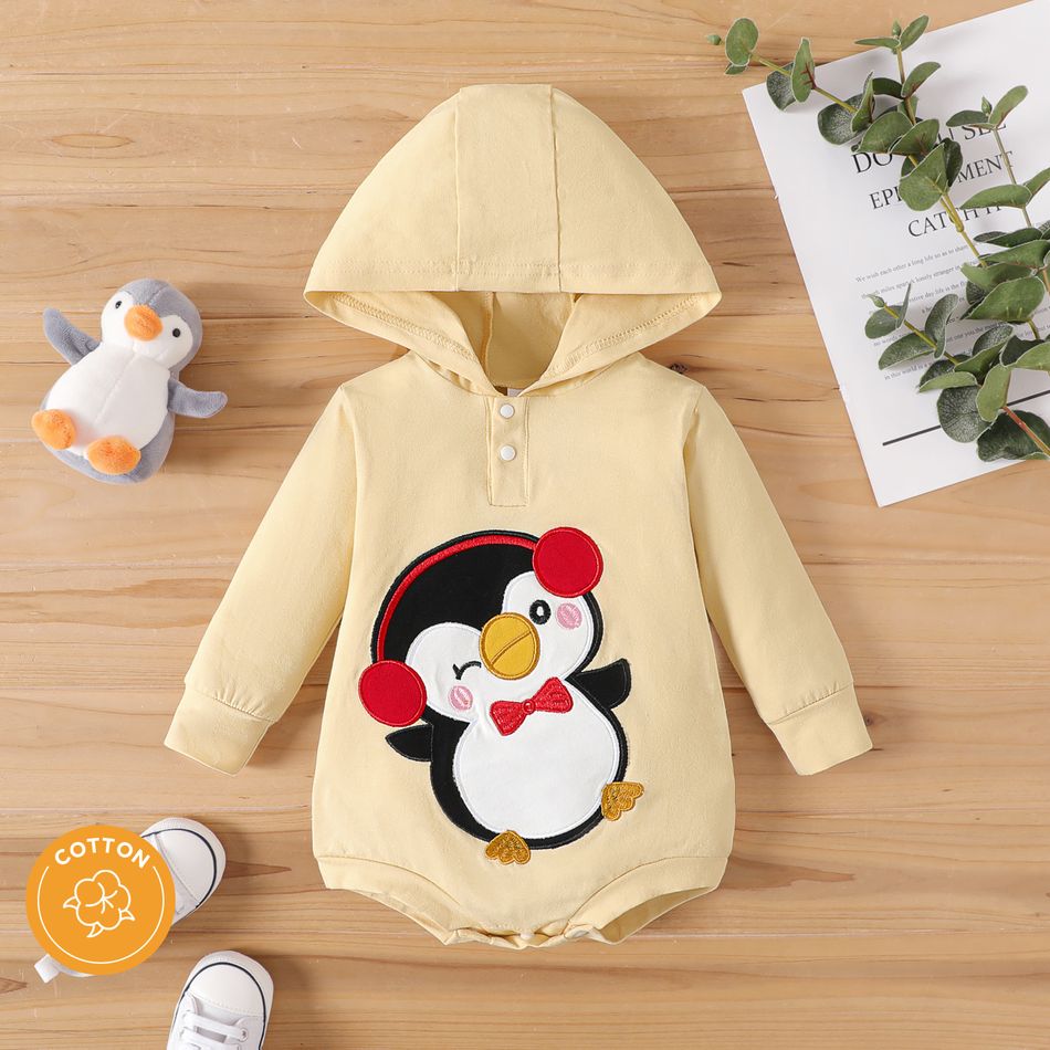 Baby Boy/Girl 95% Cotton Long-sleeve  Hooded Penguin Embroidered Romper Apricot