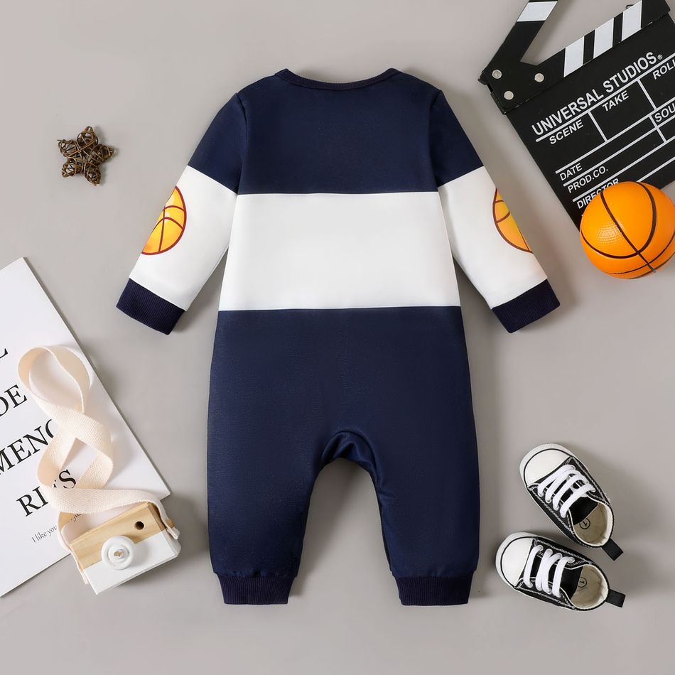 Baby Boy Basketball & Letter Print Long-sleeve Colorblock Jumpsuit Tibetanblue big image 2