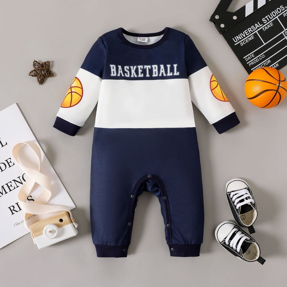 Baby Boy Basketball & Letter Print Long-sleeve Colorblock Jumpsuit Tibetanblue big image 1