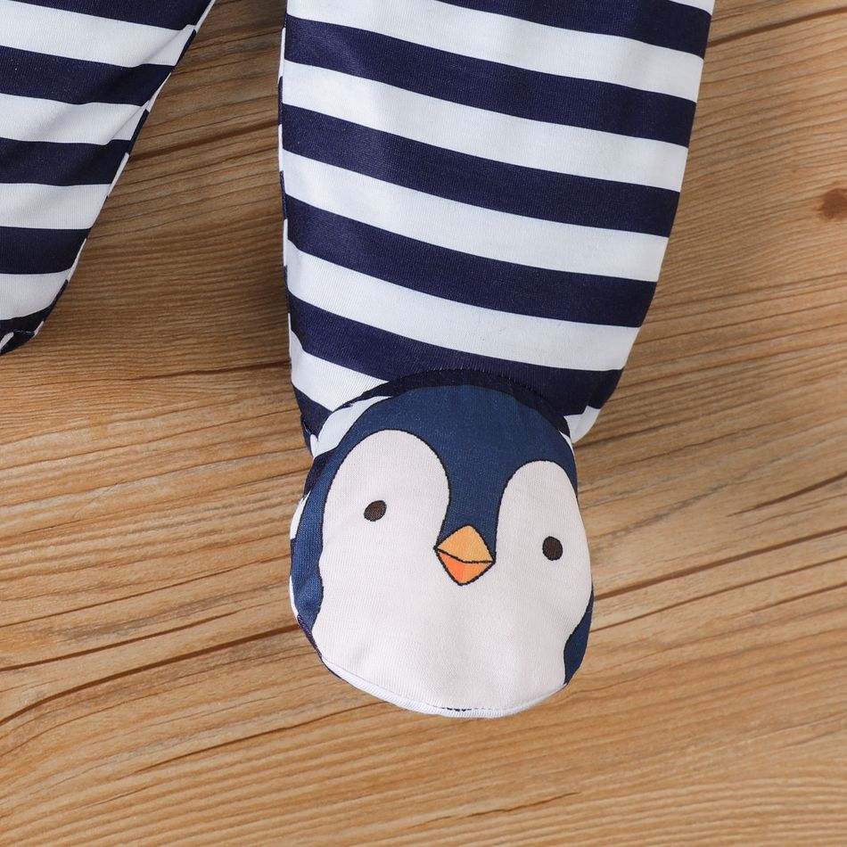 3pcs Baby Boy Penguin Print Blue Striped Long-sleeve Romper and Footed Pants with Hat Set blue+white big image 4