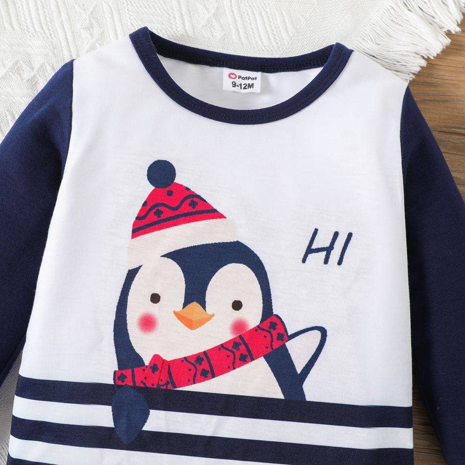 3pcs Baby Boy Penguin Print Blue Striped Long-sleeve Romper and Footed Pants with Hat Set blue+white big image 3