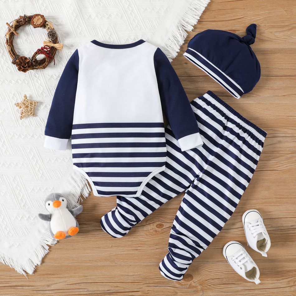 3pcs Baby Boy Penguin Print Blue Striped Long-sleeve Romper and Footed Pants with Hat Set blue+white big image 2