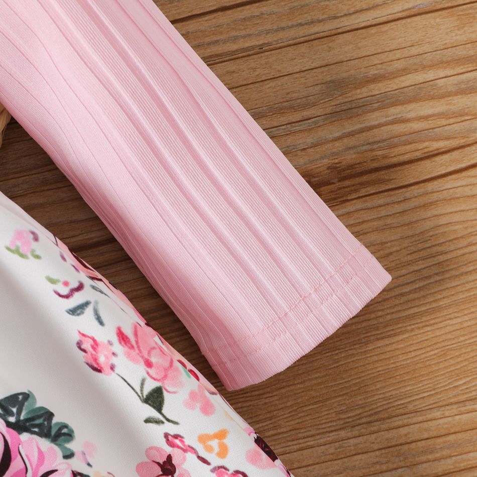 Baby Girl Bear Design Pink Rib Knit Long-sleeve Faux-two Floral Print Dress Pink big image 4