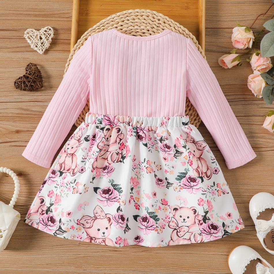 Baby Girl Bear Design Pink Rib Knit Long-sleeve Faux-two Floral Print Dress Pink big image 2