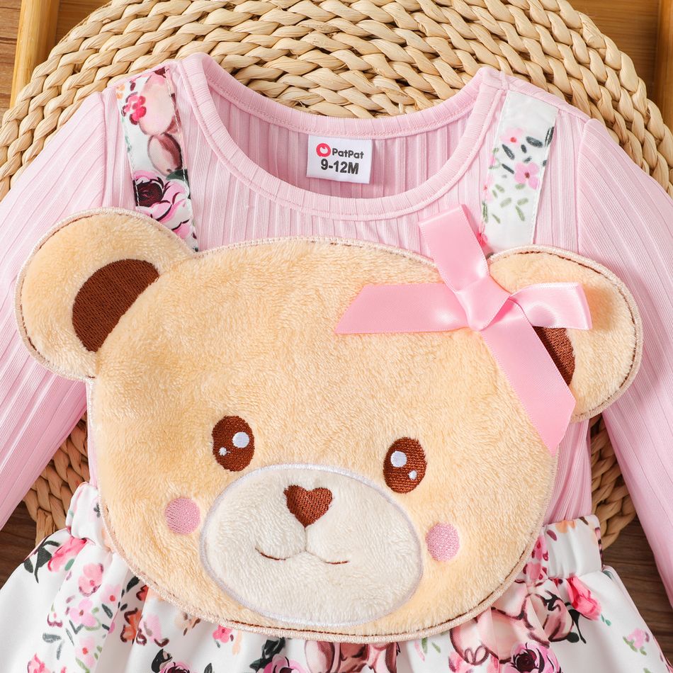 Baby Girl Bear Design Pink Rib Knit Long-sleeve Faux-two Floral Print Dress Pink big image 3