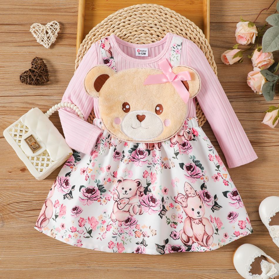 طفلة الدب تصميم ضلع وردي متماسكة طويلة الأكمام فو اثنين فستان طباعة الأزهار زهري