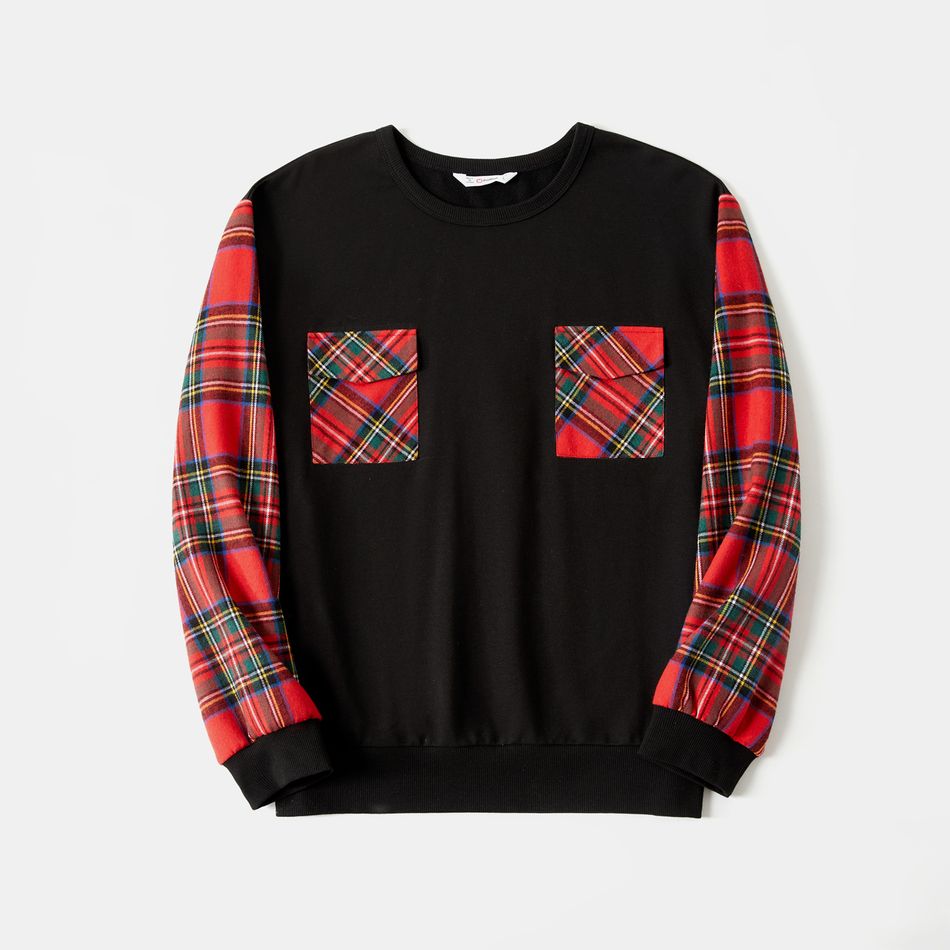 Family Matching Solid Rib Knit Spliced Red Plaid Dresses and Long-sleeve Sweatshirts Sets ColorBlock big image 9