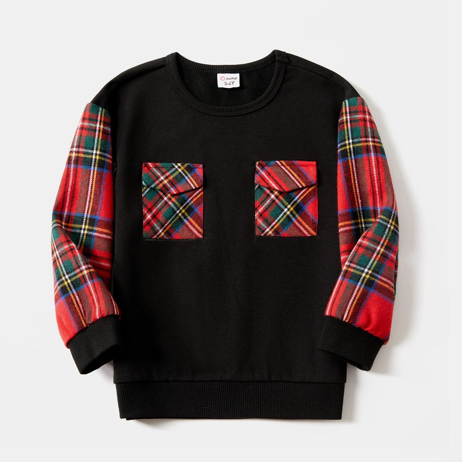 Family Matching Solid Rib Knit Spliced Red Plaid Dresses and Long-sleeve Sweatshirts Sets ColorBlock big image 13
