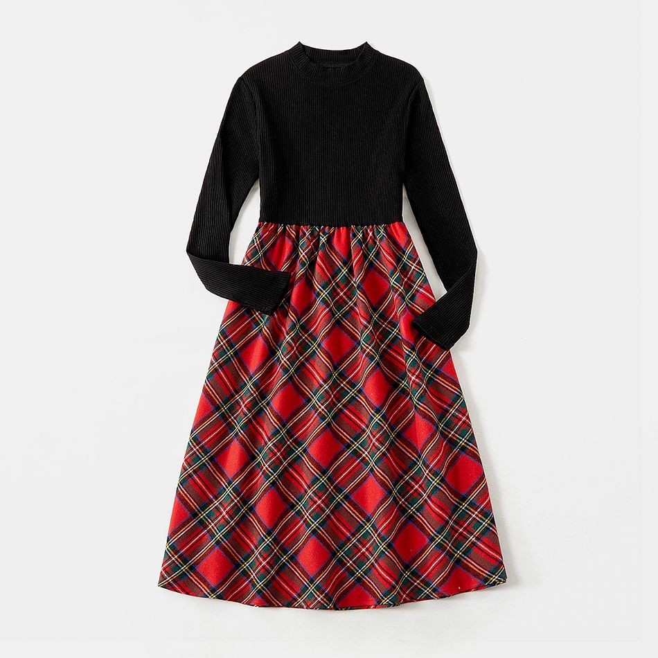Family Matching Solid Rib Knit Spliced Red Plaid Dresses and Long-sleeve Sweatshirts Sets ColorBlock big image 2