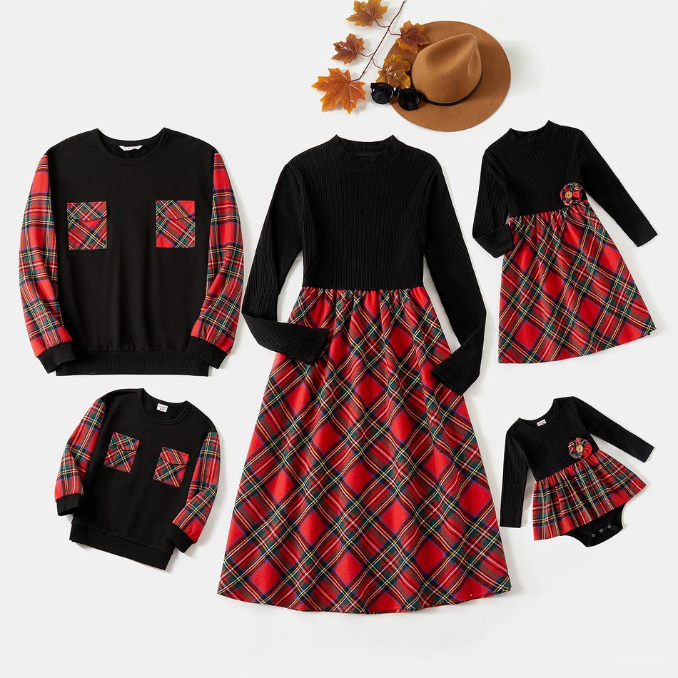 Family Matching Solid Rib Knit Spliced Red Plaid Dresses and Long-sleeve Sweatshirts Sets ColorBlock big image 1