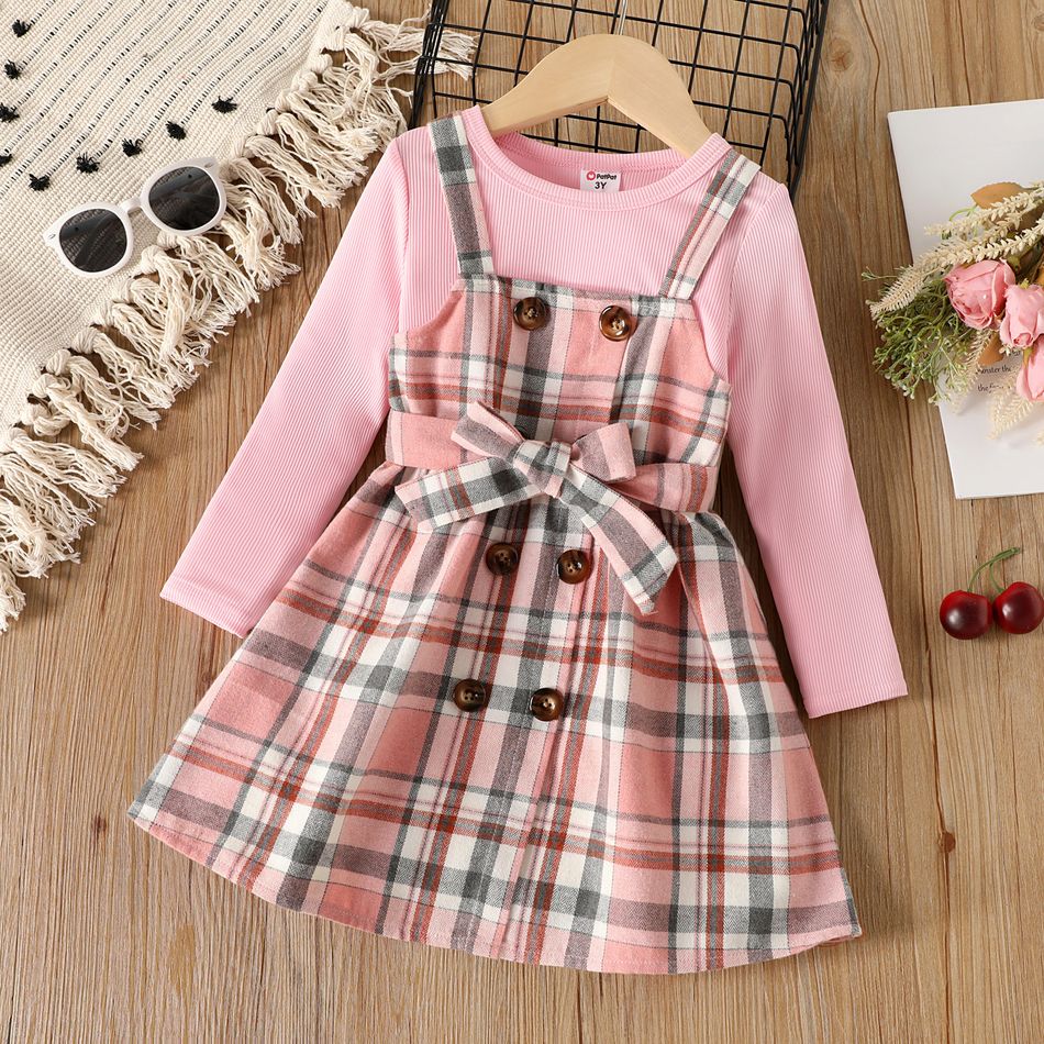 2pcs Toddler Girl Ribbed Pink Tee and Plaid Button Design Overall Dress Set Pink big image 1