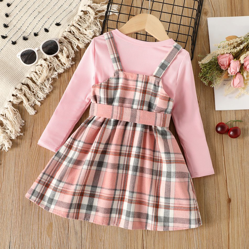 2pcs Toddler Girl Ribbed Pink Tee and Plaid Button Design Overall Dress Set Pink big image 2