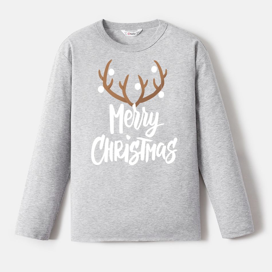 Go-Neat Water Repellent and Stain Resistant Christmas Family Matching Antlers & Letter Print Long-sleeve Tee Grey big image 5