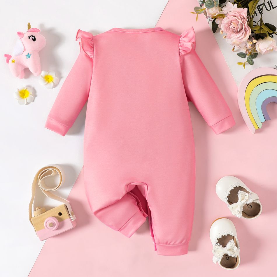 Baby Girl Unicorn Print Pink Ruffle Trim Long-sleeve Jumpsuit Pink big image 2