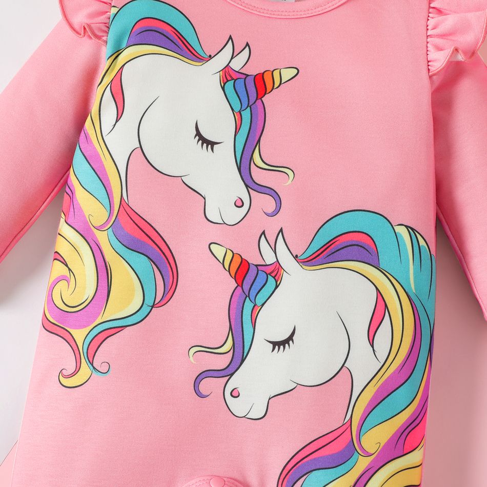 Baby Girl Unicorn Print Pink Ruffle Trim Long-sleeve Jumpsuit Pink big image 4