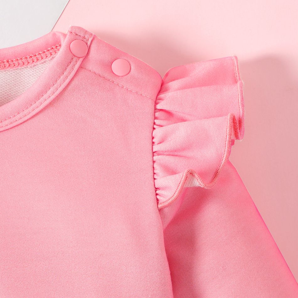 Baby Girl Unicorn Print Pink Ruffle Trim Long-sleeve Jumpsuit Pink big image 3