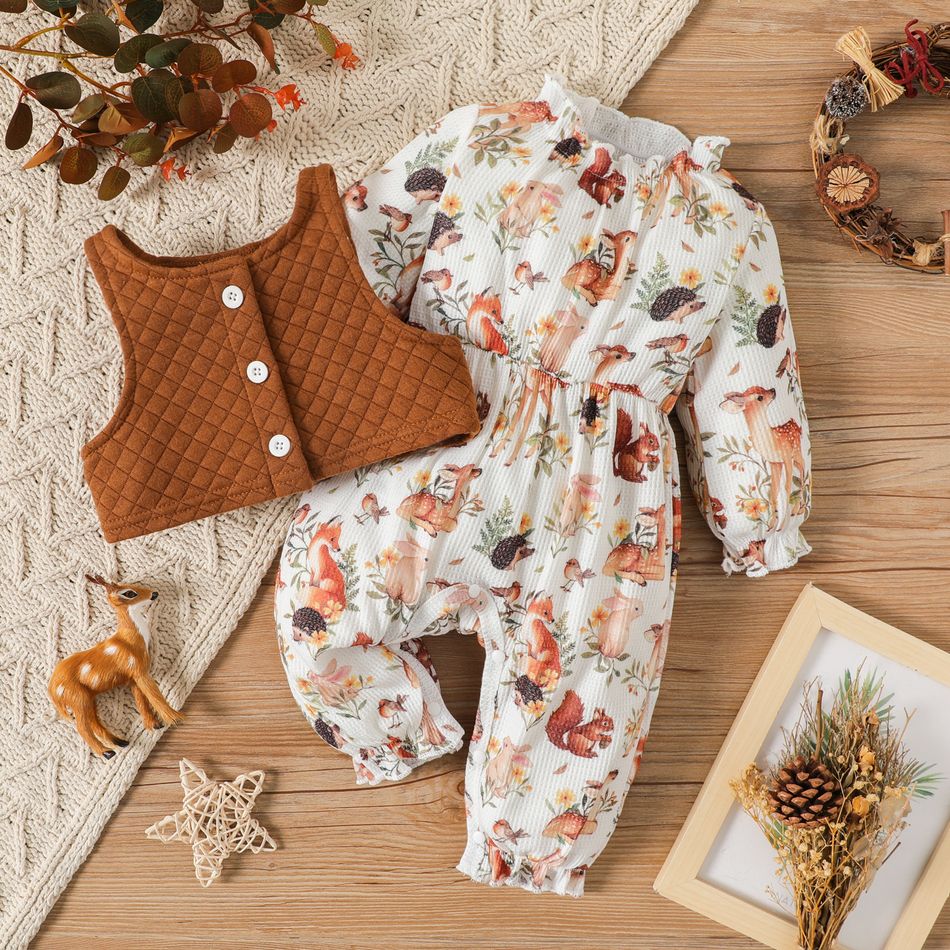 2pcs Baby Girl Allover Animal Print Frill Mock Long-sleeve Jumpsuit and Solid Quilted Vest Set Brown big image 2